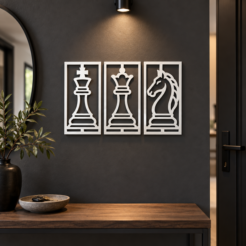 Set 3 tablouri decorative cu piese de șah Chess Elegance – Plexiglas alb, 31 x 16 cm | NOOT