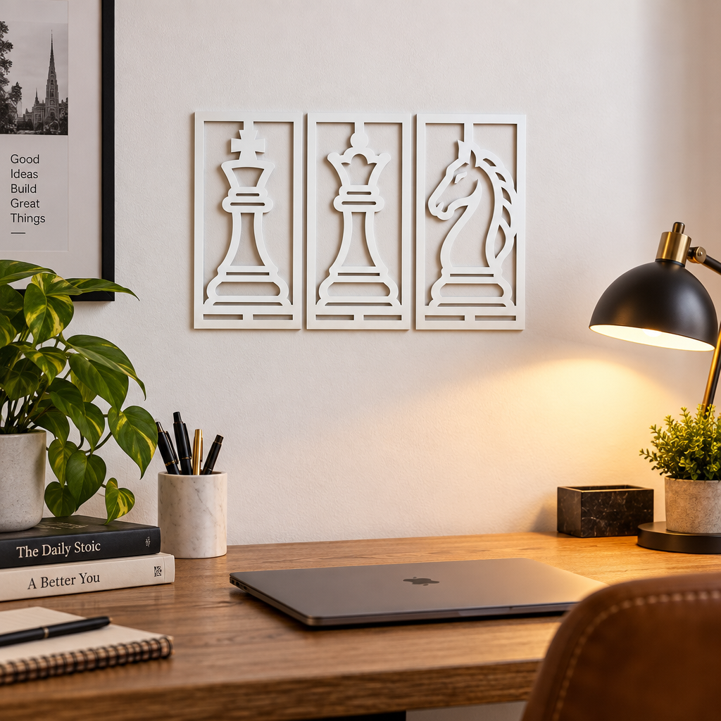 Set 3 tablouri decorative cu piese de șah Chess Elegance – Plexiglas alb, 31 x 16 cm | NOOT