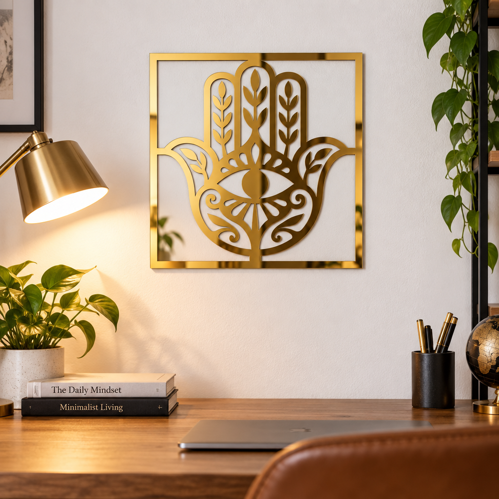 Decorațiune de Perete Hamsa Aurie – Plexiglas Oglindă, 24 × 24 cm | NOOT