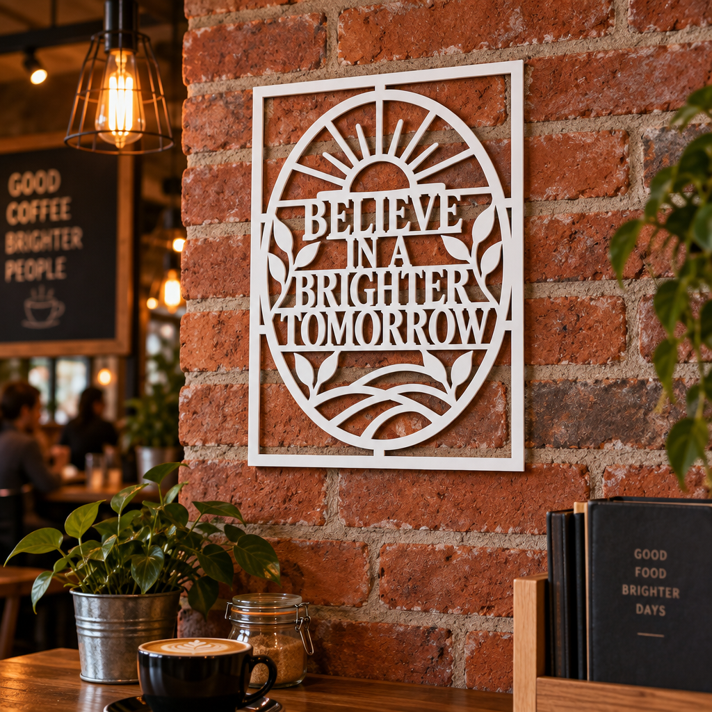 Placă decorativă motivațională „BELIEVE IN A BRIGHTER TOMORROW” – Plexiglas alb, 24 × 24 cm