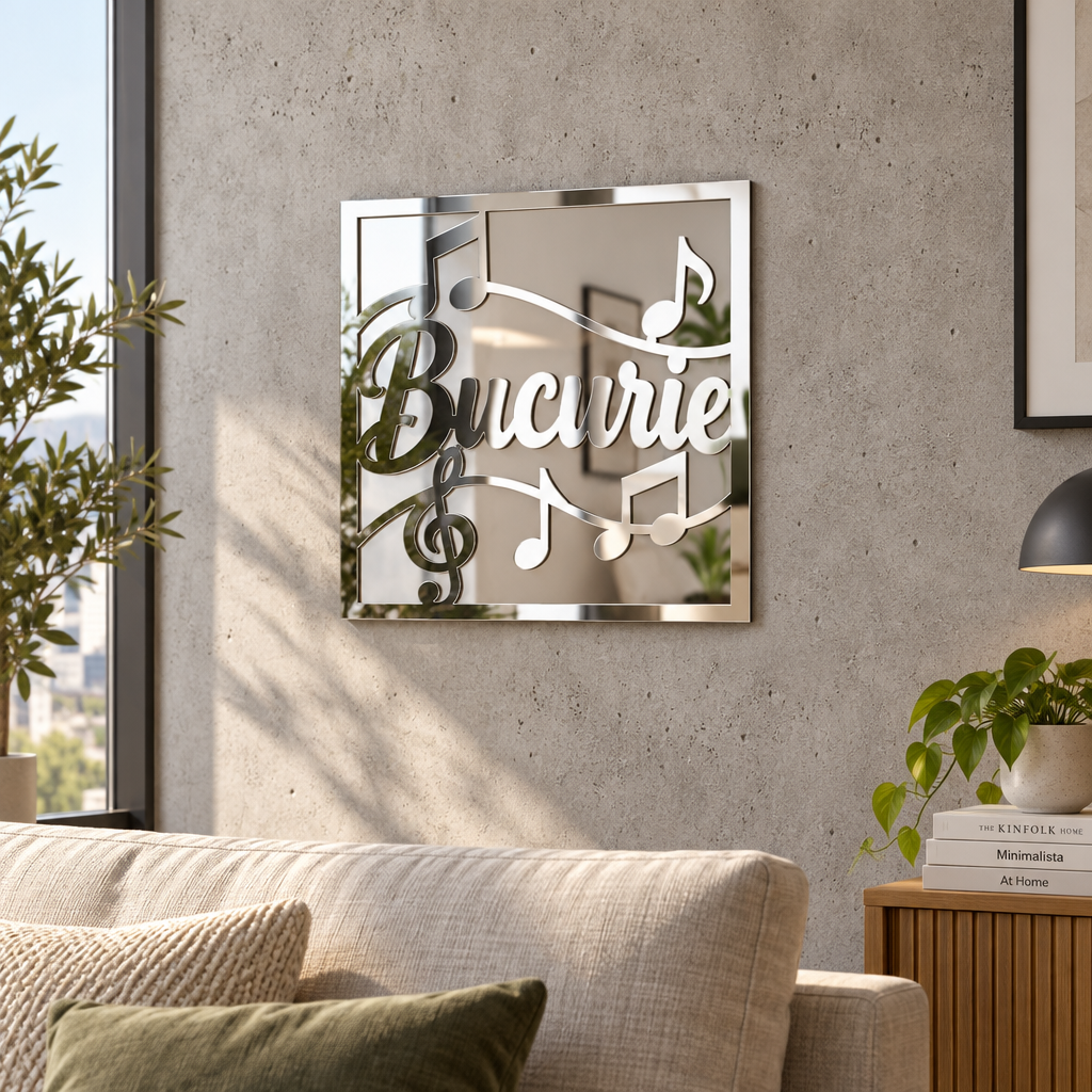 Oglindă decorativă Bucurie cu note muzicale – Plexiglas argintiu, 24 x 24 cm | NOOT