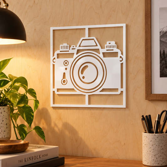 Decorațiune de perete RetroCam – Aparat foto vintage din plexiglas alb/negru, 24 × 24 cm | NOOT