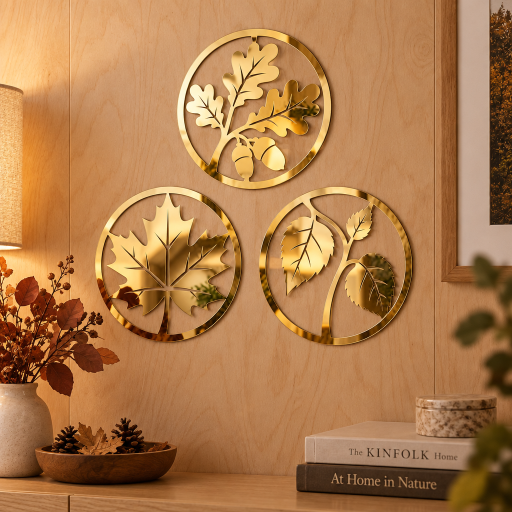 Set 3 decorațiuni de perete din plexiglas oglindă auriu – Toamna în Reflexii, NOOT, Ø20 cm