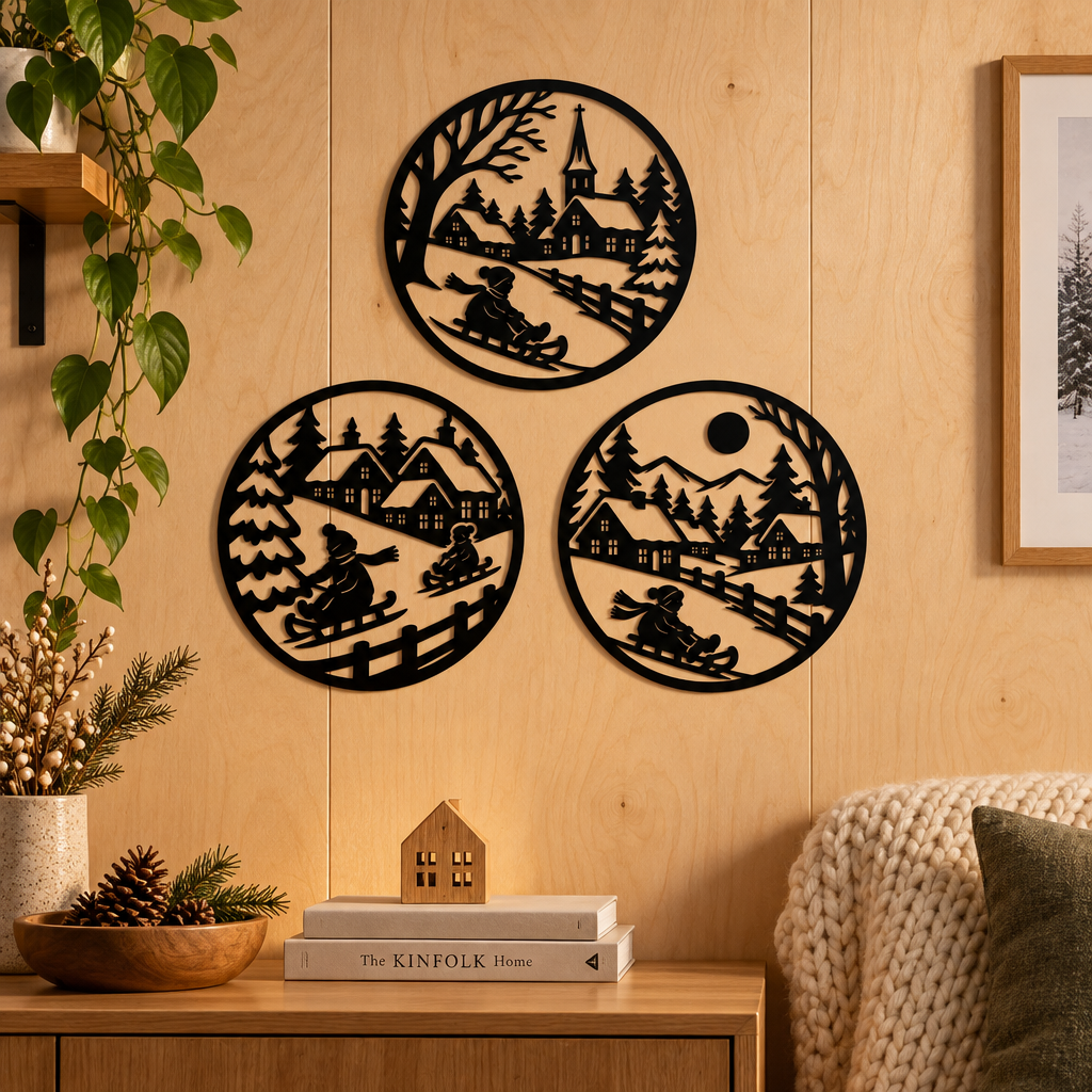 Set 3 decorațiuni de perete Iarna la Țară – Plexiglas negru, Ø 23 cm | NOOT