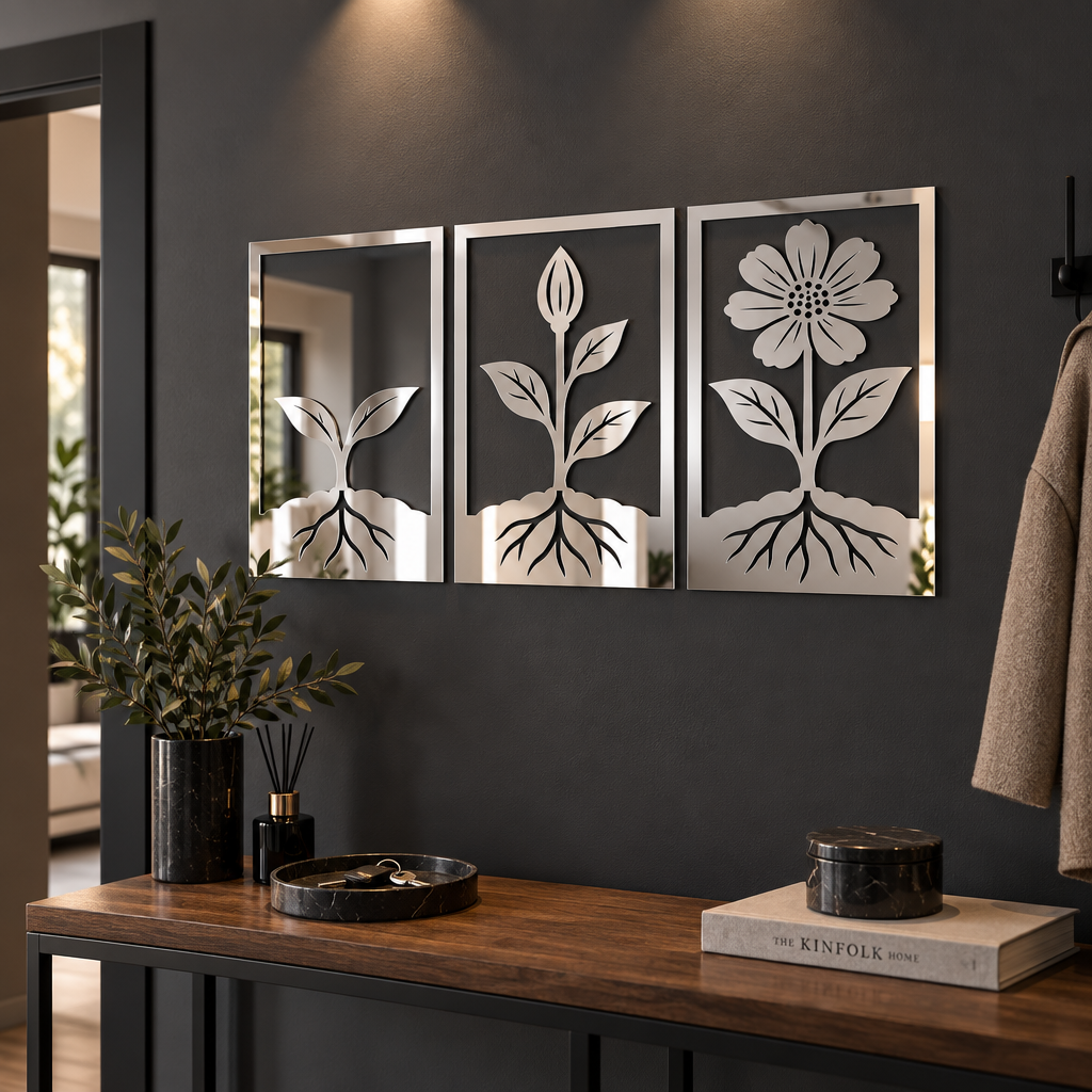 Floral Evolution – Set 3 decorațiuni de perete din plexiglas oglindă argintiu | NOOT