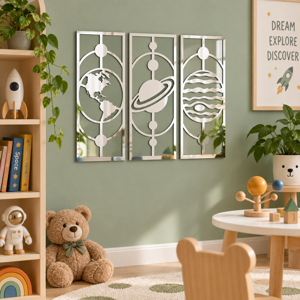 Set 3 decorațiuni de perete Cosmic Reflections – Plexiglas oglindă argintiu, 17 x 42 cm | NOOT