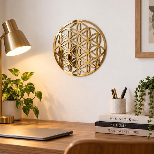 Aurora Geometrică – Decorațiune Floarea Vieții din Plexiglas Oglindă Auriu, Ø 20 cm | NOOT