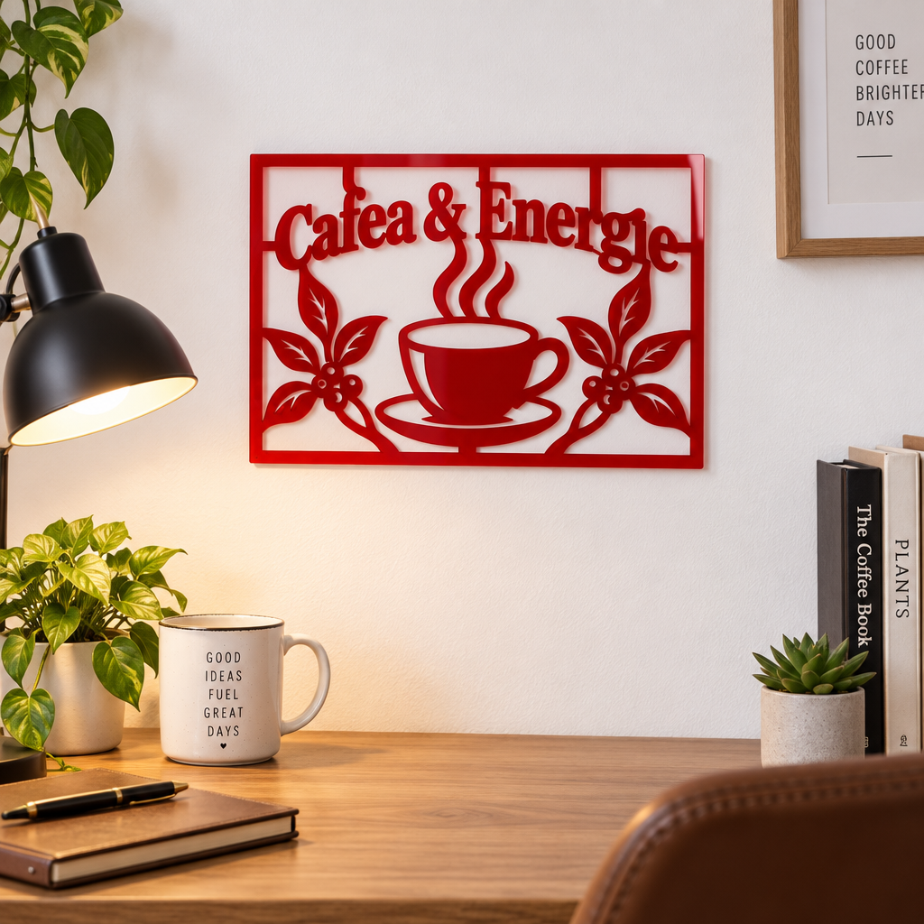 Placă decorativă Cafea & Energie – Plexiglas roșu, 32 x 22 cm | NOOT