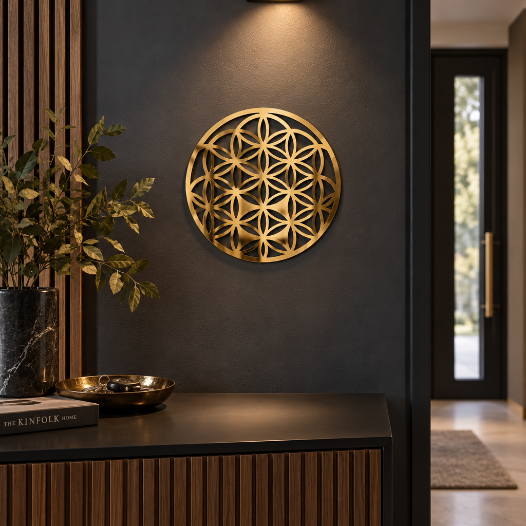 Aurora Geometrică – Decorațiune Floarea Vieții din Plexiglas Oglindă Auriu, Ø 20 cm | NOOT
