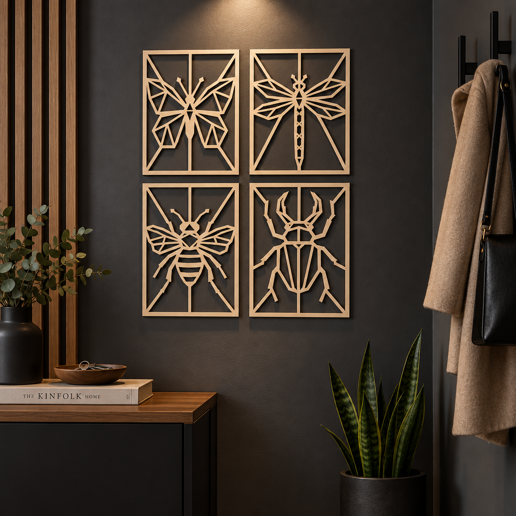 Set 4 decorațiuni de perete Insecte Origami din placaj/plexiglas negru – NOOT