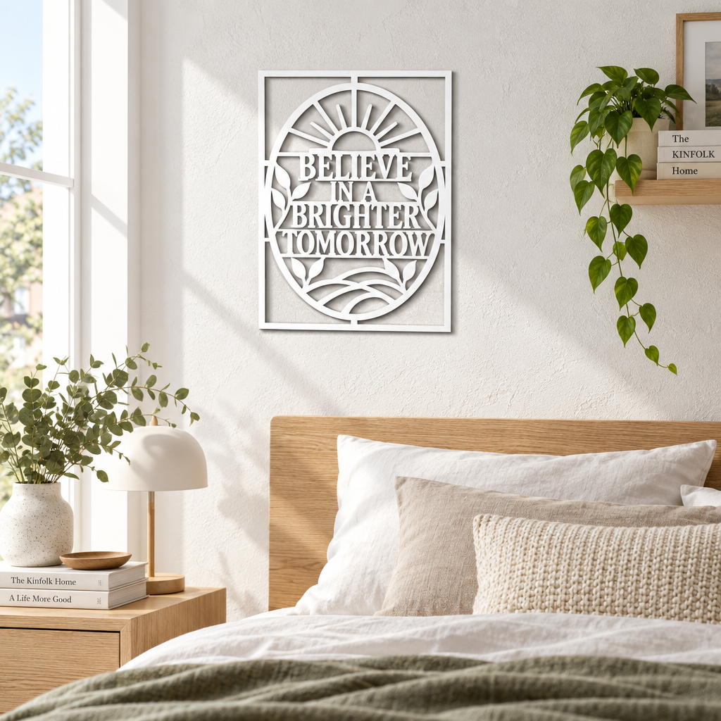 Placă decorativă motivațională „BELIEVE IN A BRIGHTER TOMORROW” – Plexiglas alb, 24 × 24 cm