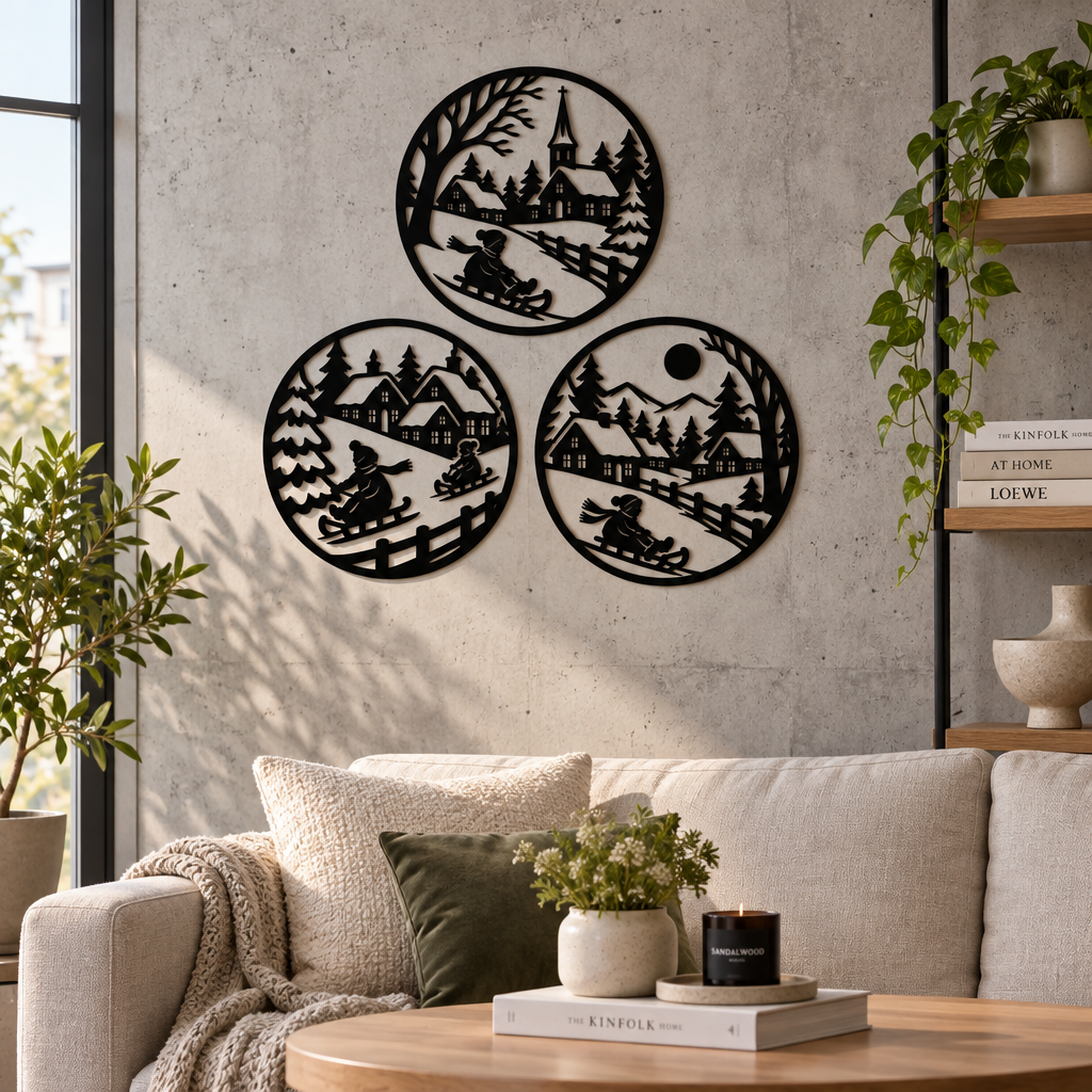 Set 3 decorațiuni de perete Iarna la Țară – Plexiglas negru, Ø 23 cm | NOOT