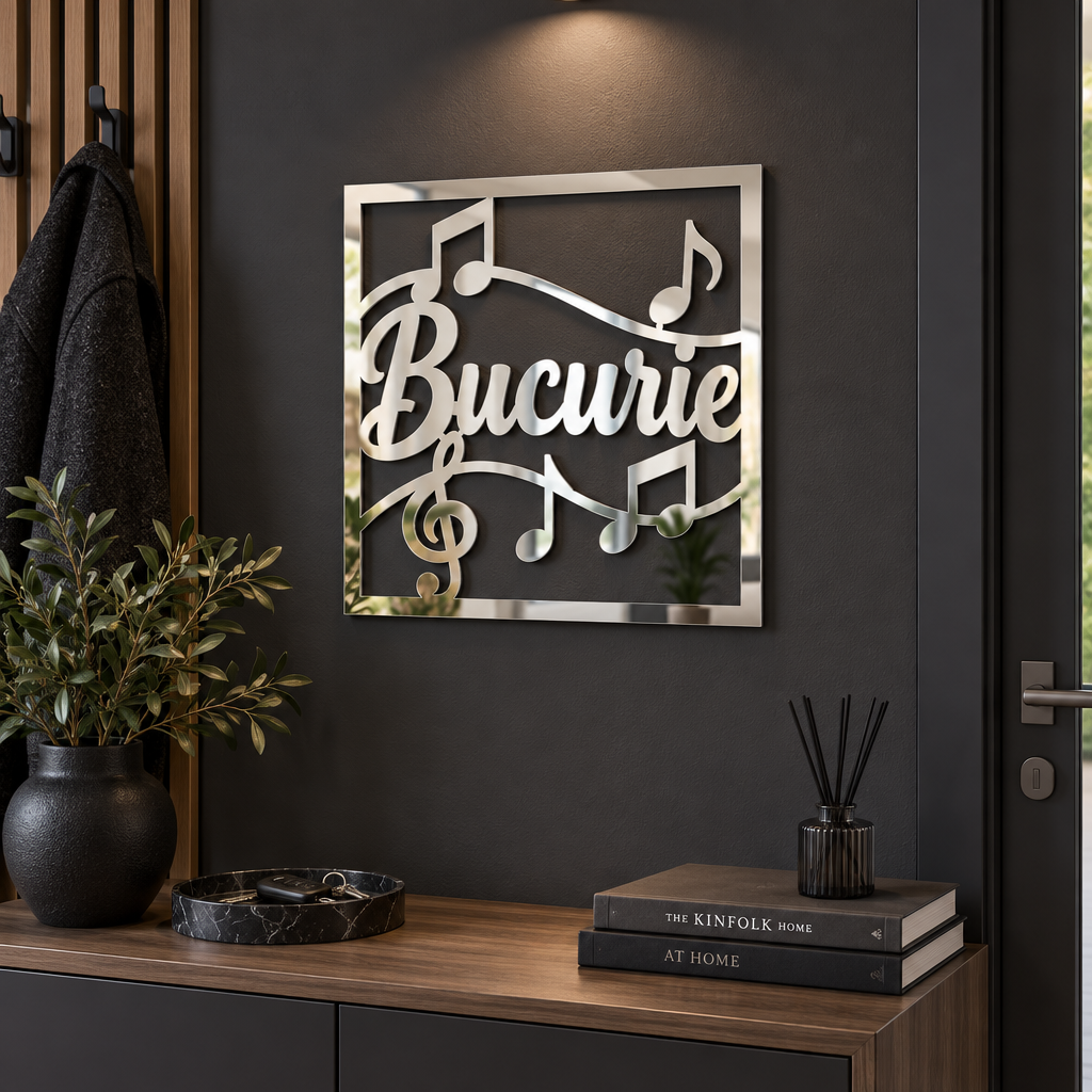 Oglindă decorativă Bucurie cu note muzicale – Plexiglas argintiu, 24 x 24 cm | NOOT