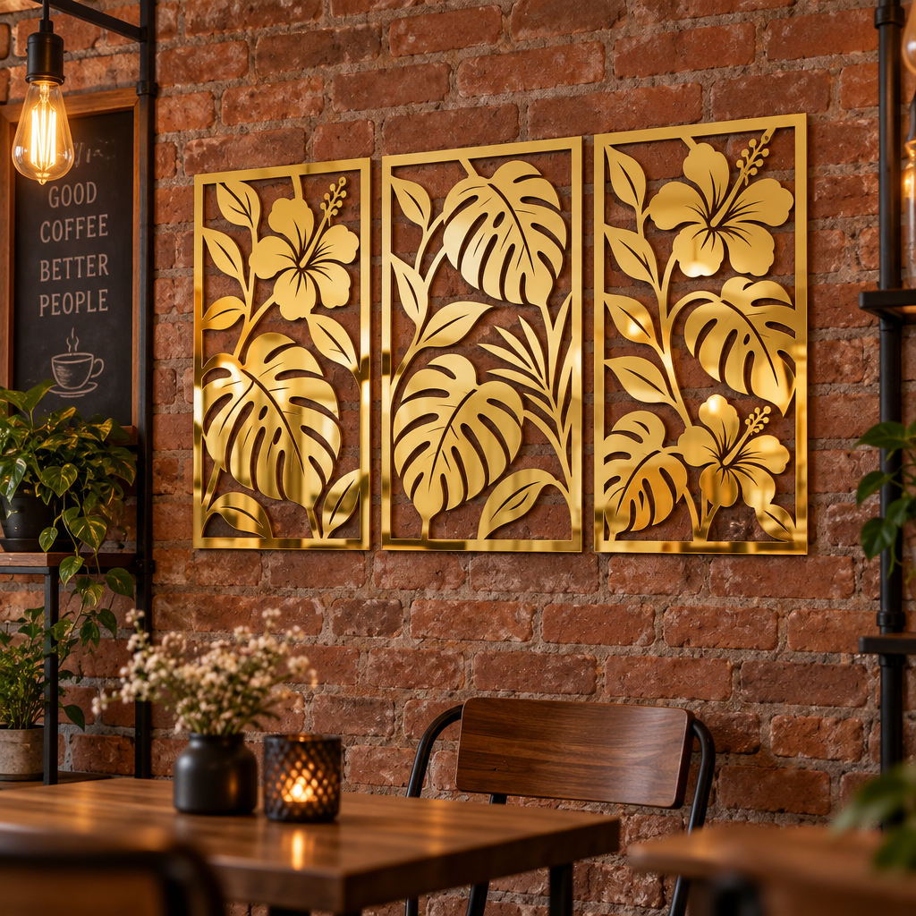 Set 3 decorațiuni de perete Eleganță Tropicală – Plexiglas Oglindă Auriu, 20 × 40 cm | NOOT