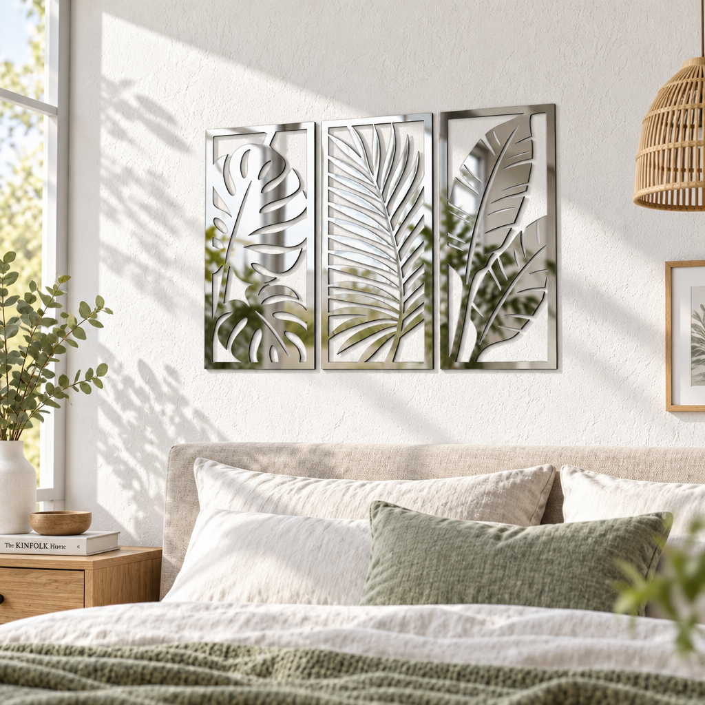 Set 3 decorațiuni de perete din plexiglas oglindă argintiu Tropical Reflections, 41 x 17cm – NOOT
