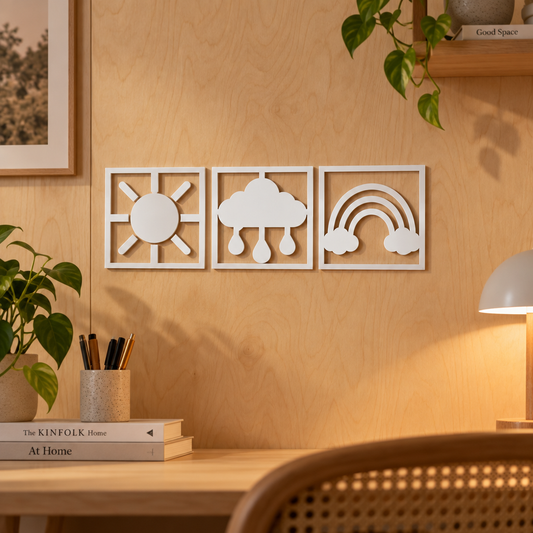 Vremea Veselă – Set 3 decorațiuni de perete din plexiglas alb pentru copii | NOOT