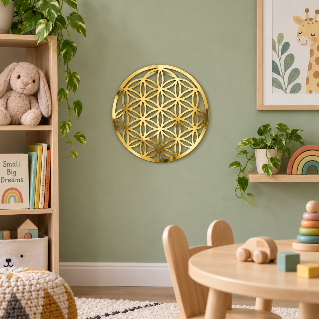 Aurora Geometrică – Decorațiune Floarea Vieții din Plexiglas Oglindă Auriu, Ø 20 cm | NOOT