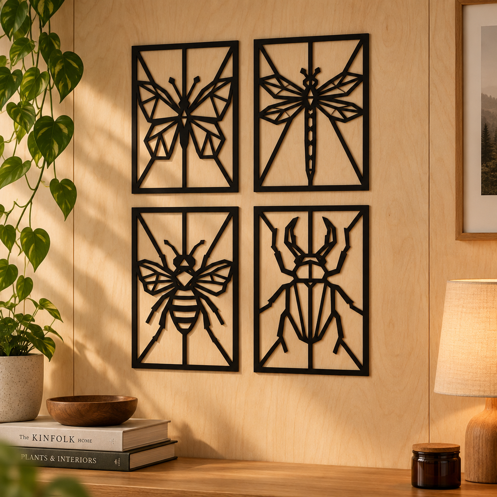 Set 4 decorațiuni de perete Insecte Origami din placaj/plexiglas negru – NOOT