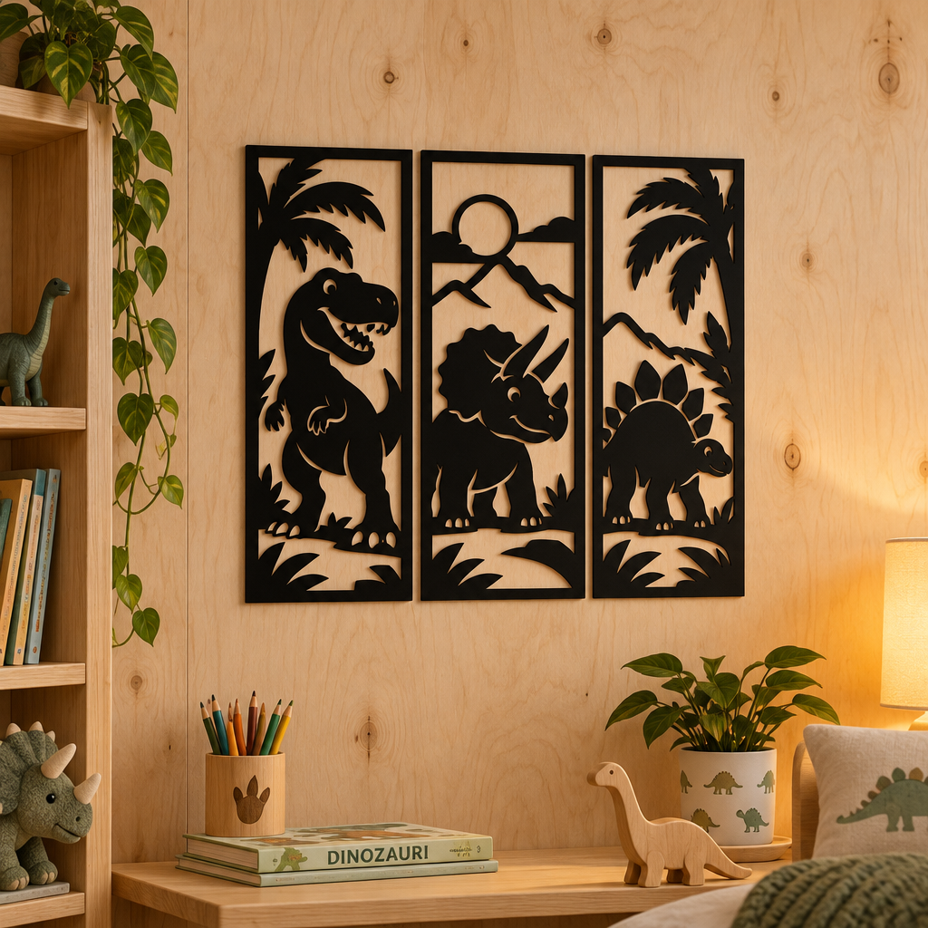 Set 3 plăci decorative Dinozaurii Veseli din placaj de plop, 15 x 45 cm – NOOT