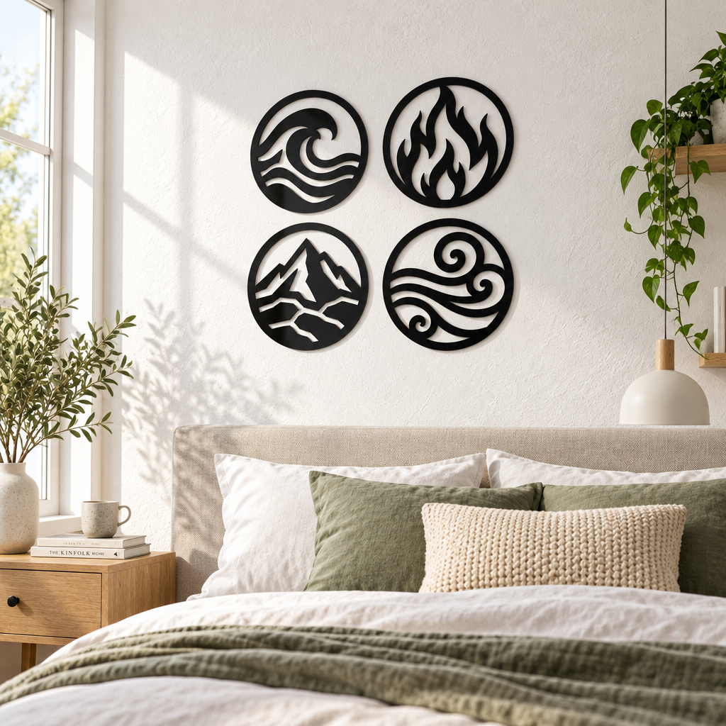 Set 4 decorațiuni de perete Elemente Primordiale – Plexiglas negru, Ø 24 cm | NOOT