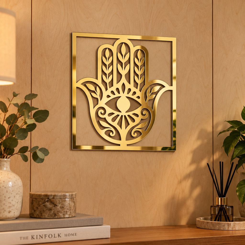 Decorațiune de Perete Hamsa Aurie – Plexiglas Oglindă, 24 × 24 cm | NOOT