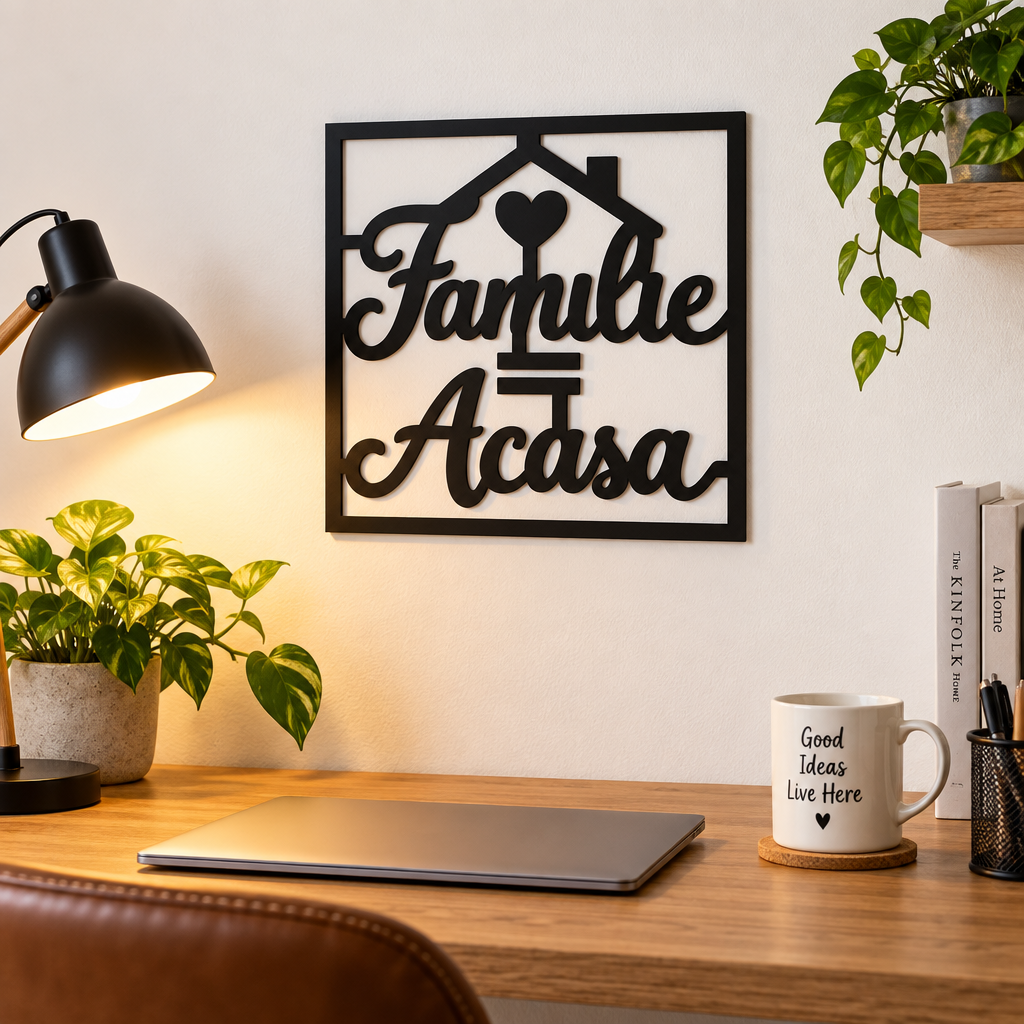 Decorațiune de perete „Familie = Acasă” din plexiglas negru, 30 x 30 cm – NOOT