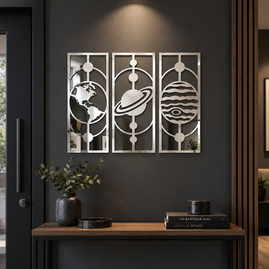 Set 3 decorațiuni de perete Cosmic Reflections – Plexiglas oglindă argintiu, 17 x 42 cm | NOOT