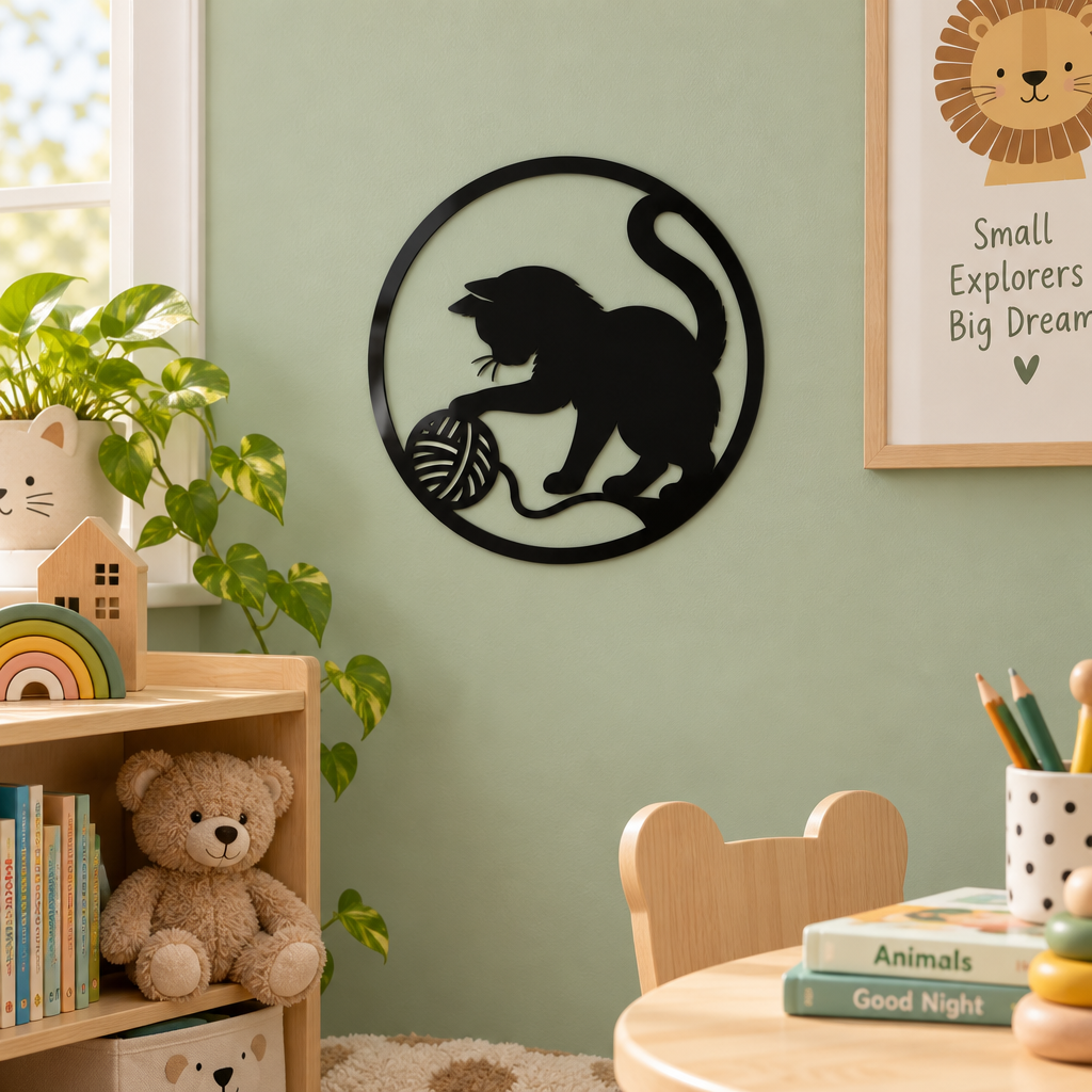 Decorațiune de perete Pisica Jucăușă – Plexiglas negru, Ø 24 cm | NOOT
